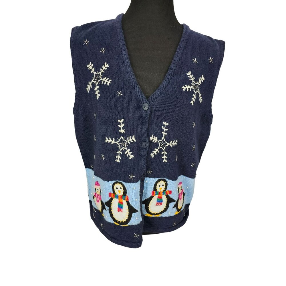 Vintage Womens Winter Sweater Vest Blue Knitted with Penguins and Snowflakes Siz